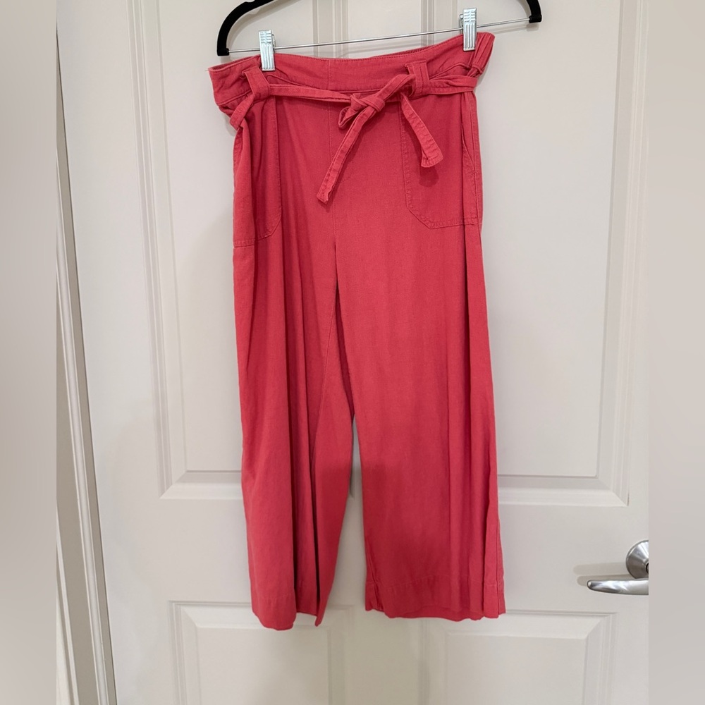 Coral-Pink Paperbag Waist Wide-Leg Pants